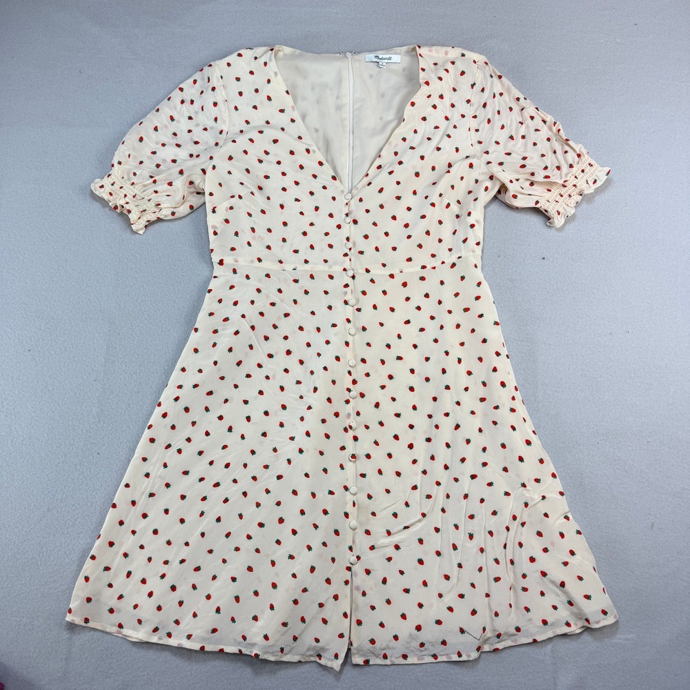 Madewell Silk Strawberry Print ButtonFront Mini Lined Dress Cream Sz 8 Whimsical